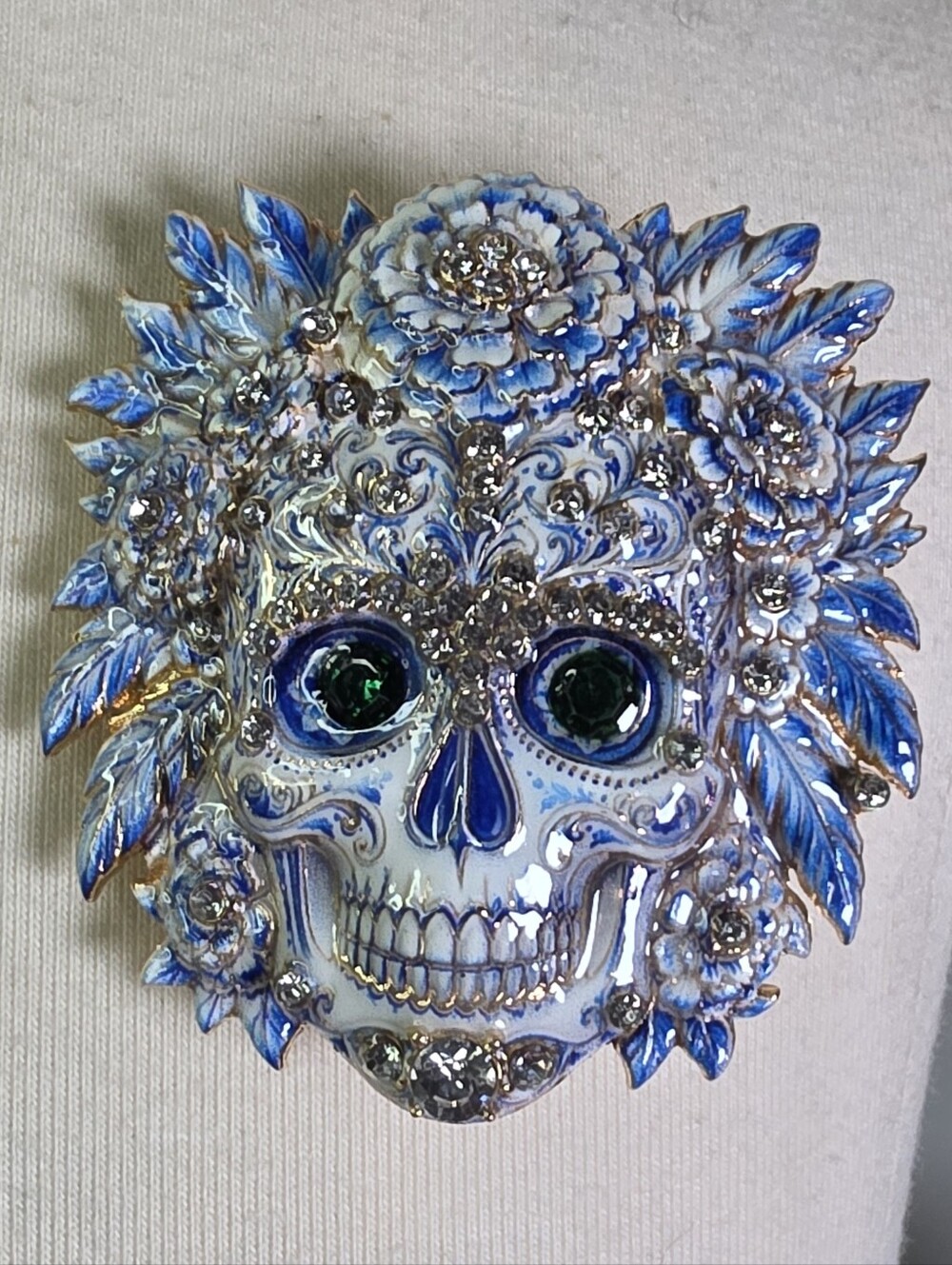 Decorative Blue & White Floral Skull Brooch